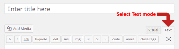 Selecting Text mode in Wordpress to add custom code to a page